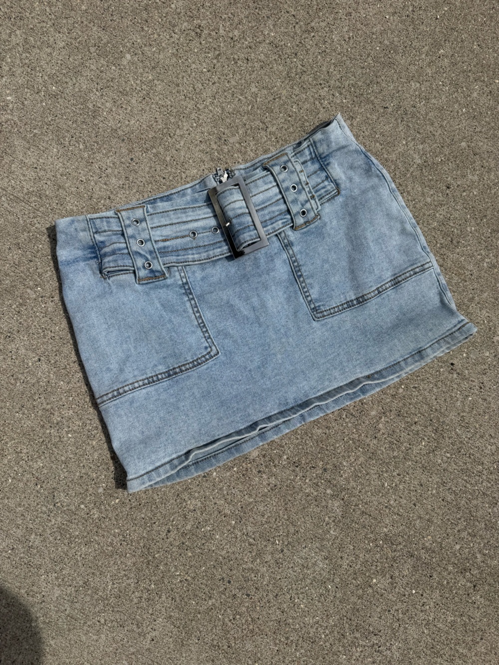 Edikted Light Blue Denim Mini Skirt with Wide Belt
